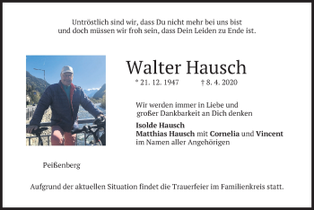Todesanzeige von Walter Hausch von merkurtz