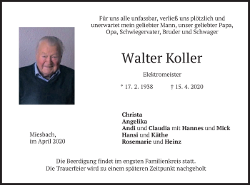 Todesanzeige von Walter Koller von merkurtz