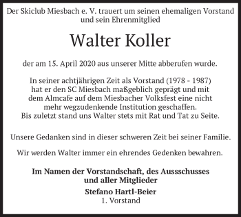 Todesanzeige von Walter Koller von merkurtz