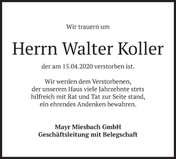 Todesanzeige von Walter Koller von merkurtz