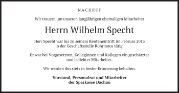 Todesanzeige von Wilhelm Specht von merkurtz