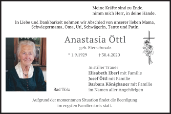 Todesanzeige von Anastasia Öttl von merkurtz