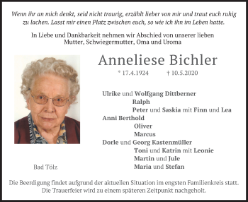 Todesanzeige von Anneliese Bichler von merkurtz