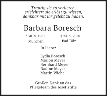 Todesanzeige von Barbara Boresch von merkurtz