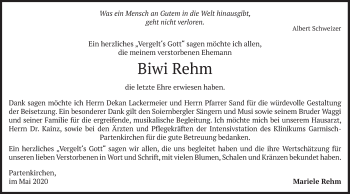 Todesanzeige von Biwi Rehm von merkurtz