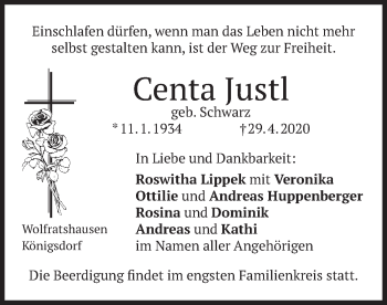 Todesanzeige von Centa Justl von merkurtz