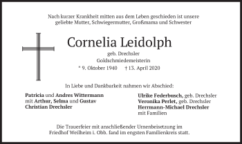 Todesanzeige von Cornelia Leidolph von merkurtz