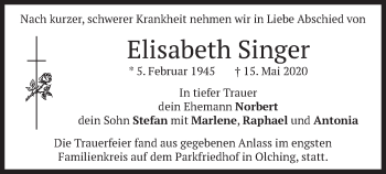 Todesanzeige von Elisabeth Singer von merkurtz