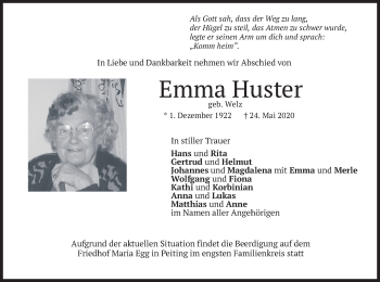 Todesanzeige von Emma Huster von merkurtz