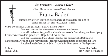 Todesanzeige von Franz Bader von merkurtz