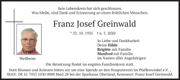 Todesanzeige von Franz Josef Greinwald von merkurtz