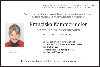 Todesanzeige von Franziska Kammermeier von merkurtz
