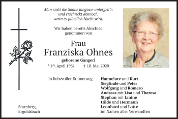 Todesanzeige von Franziska Ohnes von merkurtz