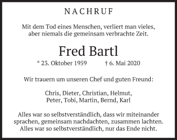 Todesanzeige von Fred Bartl von merkurtz