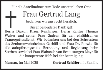 Todesanzeige von Gertrud Lang von merkurtz