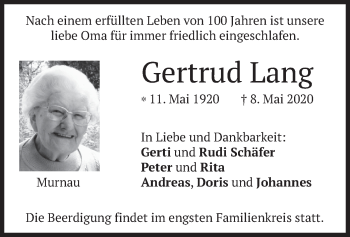 Todesanzeige von Gertrud Lang von merkurtz