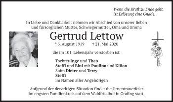 Todesanzeige von Gertrud Lettow von merkurtz