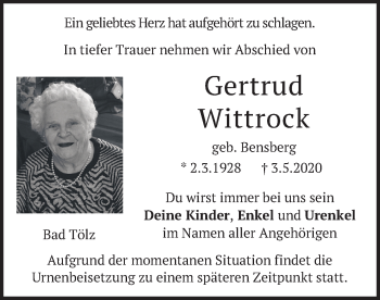 Todesanzeige von Gertrud Wittrock von merkurtz