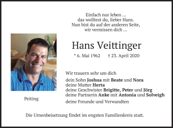 Todesanzeige von Hans Veittinger von merkurtz