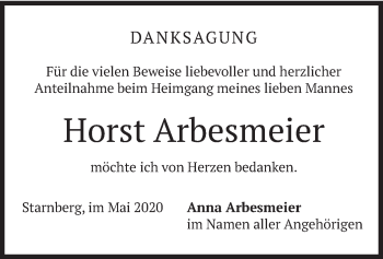 Todesanzeige von Horst Arbesmeier von merkurtz