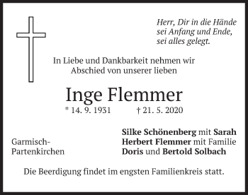 Todesanzeige von Inge Flemmer von merkurtz