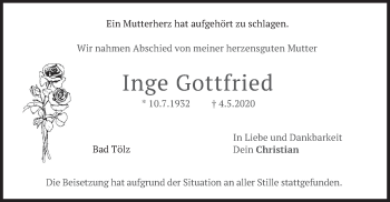 Todesanzeige von Inge Gottfried von merkurtz