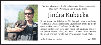 Todesanzeige von Jindra Kubecka von merkurtz