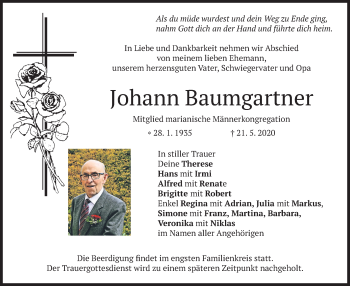 Todesanzeige von Johann Baumgartner von merkurtz
