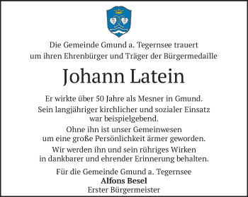 Todesanzeige von Johann Latein von merkurtz