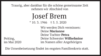 Todesanzeige von Josef Brem von merkurtz