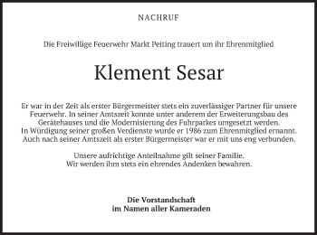 Todesanzeige von Klement Sesar von merkurtz