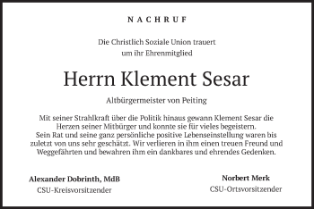 Todesanzeige von Klement Sesar von merkurtz