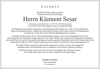Todesanzeige von Klement Sesar von merkurtz
