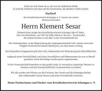 Todesanzeige von Klement Sesar von merkurtz