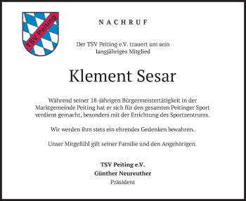 Todesanzeige von Klement Sesar von merkurtz