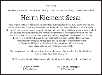 Todesanzeige von Klement Sesar von merkurtz