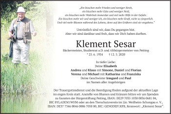 Todesanzeige von Klement Sesar von merkurtz
