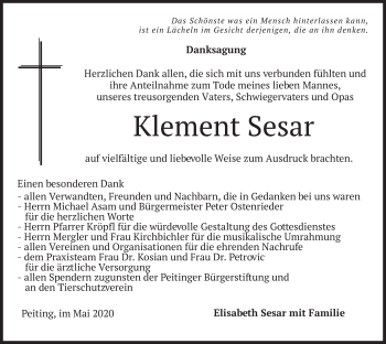 Todesanzeige von Klement Sesar von merkurtz