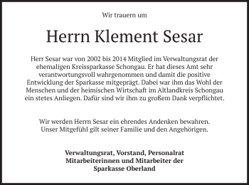 Todesanzeige von Klement Sesar von merkurtz