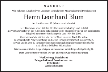 Todesanzeige von Leonhard Blum von merkurtz