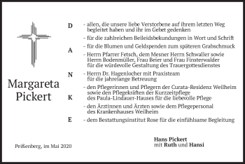 Todesanzeige von Margareta Pickert von merkurtz