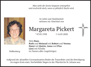 Todesanzeige von Margareta Pickert von merkurtz