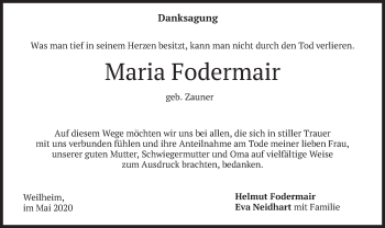 Todesanzeige von Maria Fodermair von merkurtz