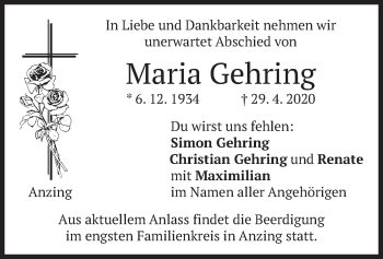 Todesanzeige von Maria Gehring von merkurtz