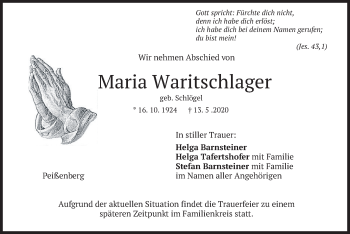 Todesanzeige von Maria Waritschlager von merkurtz