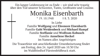 Todesanzeige von Monika Eisenbarth von merkurtz