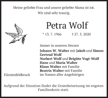 Todesanzeige von Petra Wolf von merkurtz