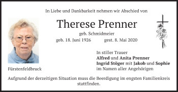 Todesanzeige von Therese Prenner von merkurtz