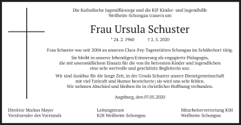 Todesanzeige von Ursula Schuster von merkurtz