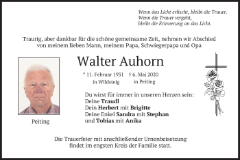 Todesanzeige von Walter Auhorn von merkurtz